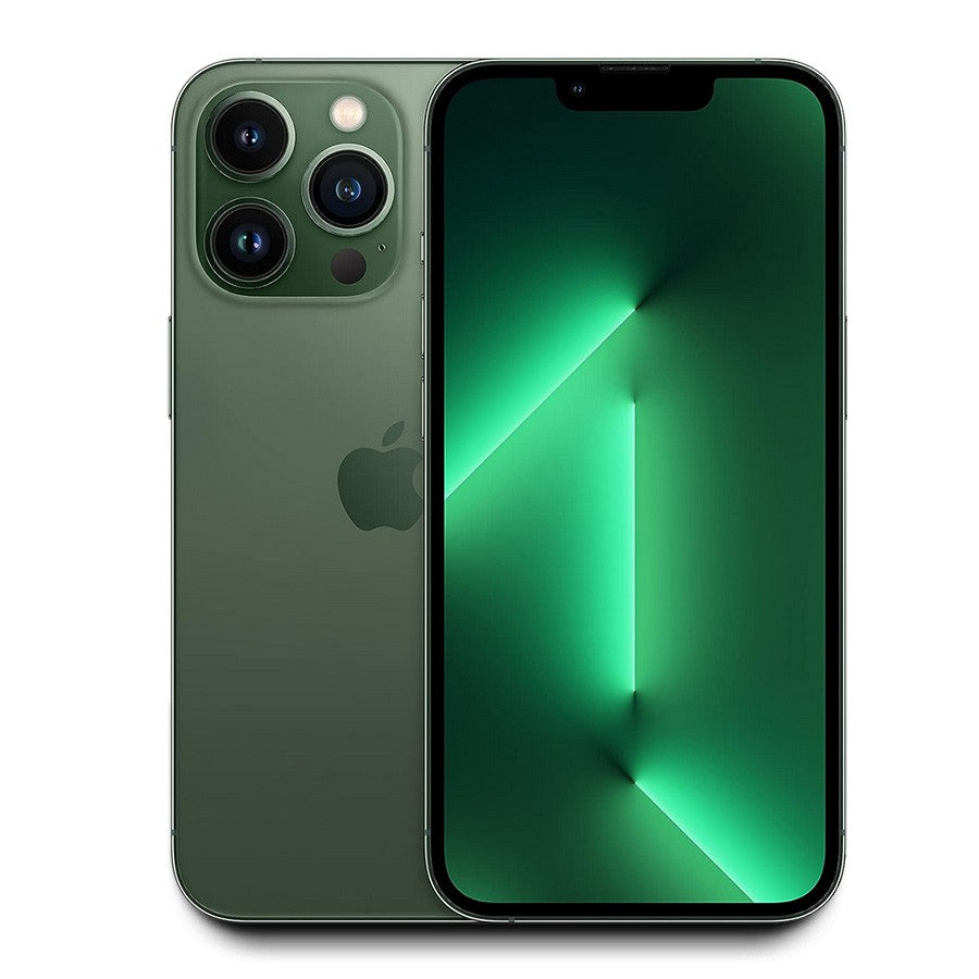 Apple iPhone 13 Pro Alpine Green showing front display and triple rear cameras, unlocked model with 6.1-inch screen