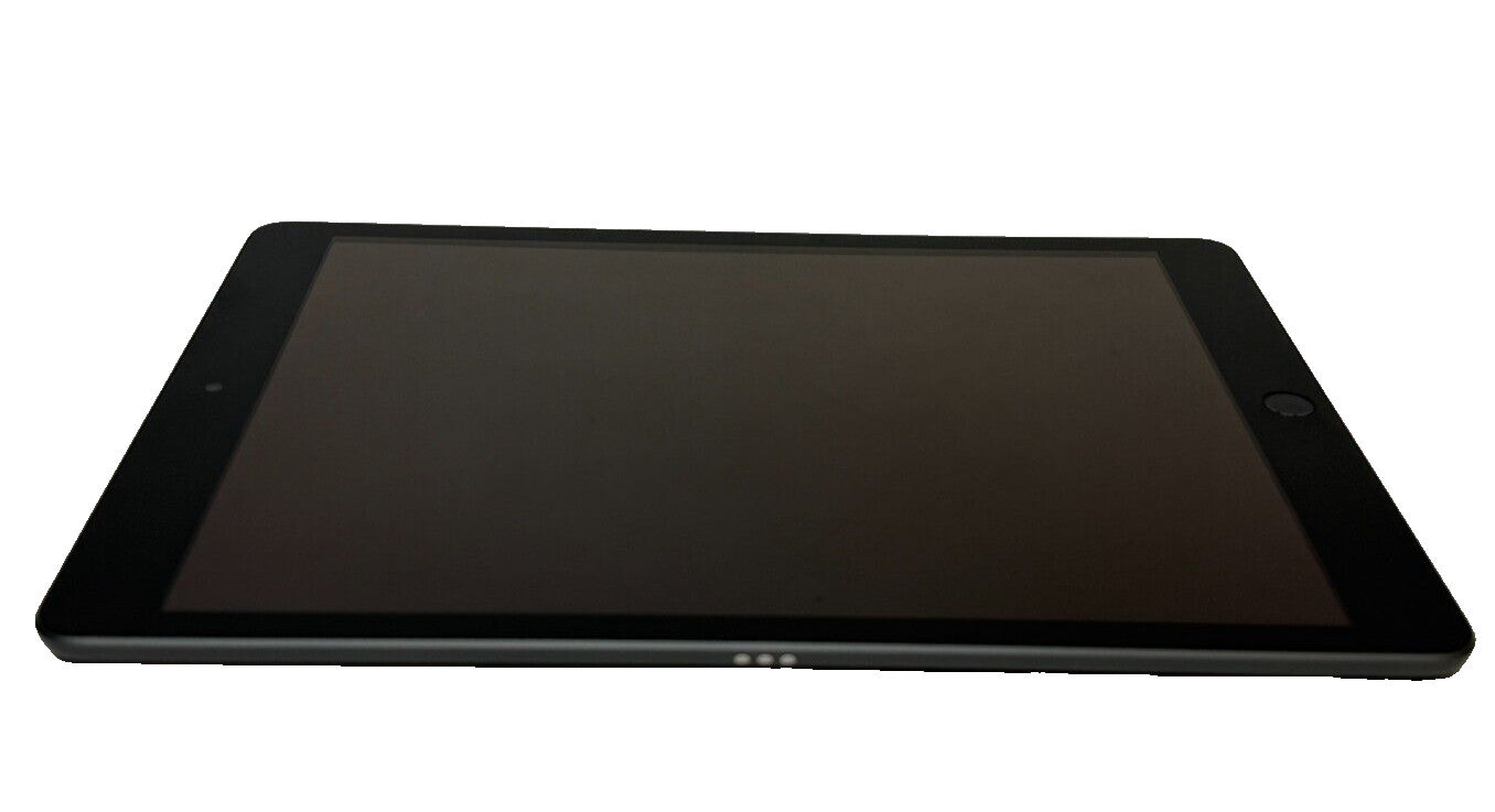 Space Gray Apple iPad 9th Gen 10.2 inch tablet with 64GB storage, front view showing screen and home button