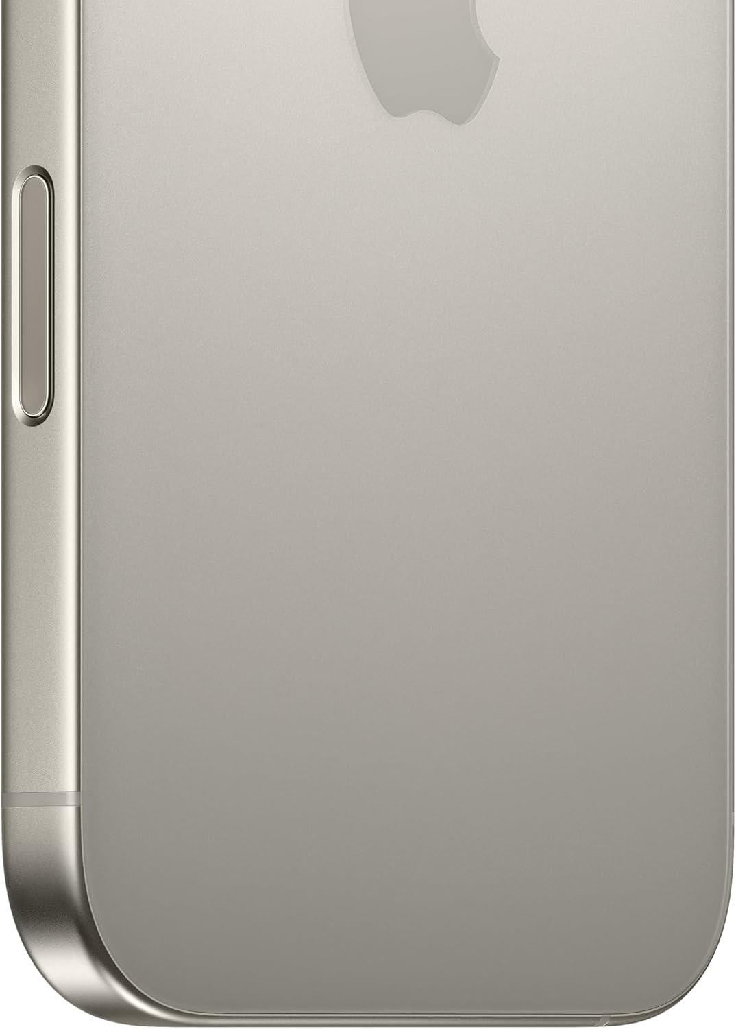 Close-up of Apple iPhone 16 Pro Max in silver showing side button and partial back with Apple logo, unlocked condition.