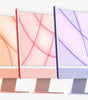 Five Apple iMac 24-inch models in yellow, orange, pink, purple, and blue colors lined up side by side on white background