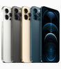 Apple iPhone 12 Pro in silver, graphite, gold, and pacific blue showing front and rear triple camera design in great condition