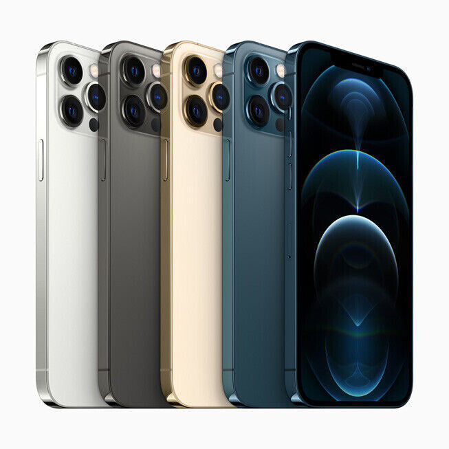 Apple iPhone 12 Pro in silver, graphite, gold, and pacific blue showing front and rear triple camera design in great condition