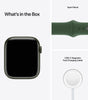 Apple Watch Series 7 in green with sport band and USB-C magnetic fast charging cable, showing front and band close-up