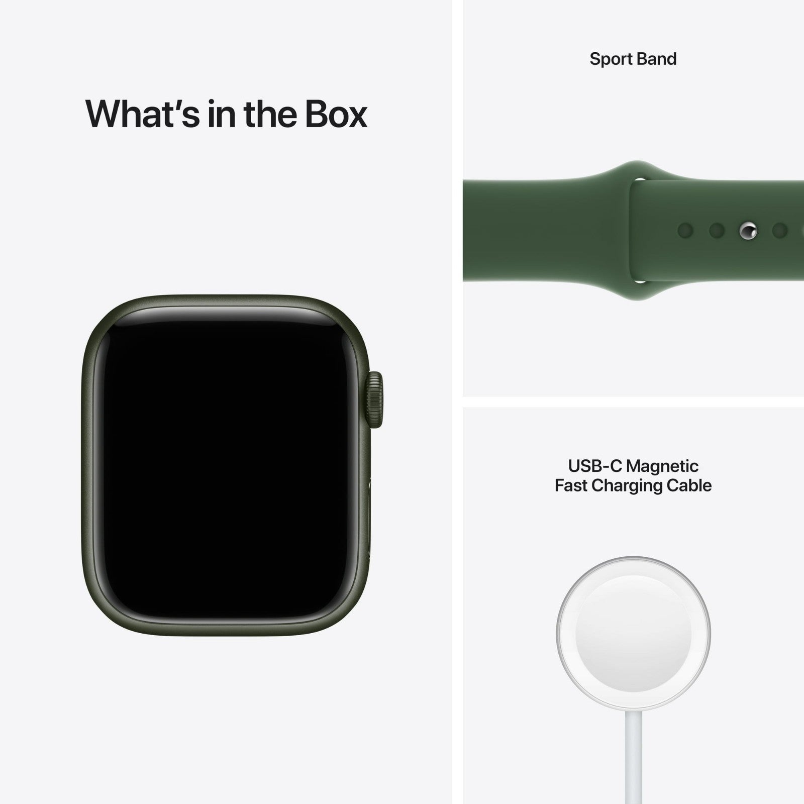Apple Watch Series 7 in green with sport band and USB-C magnetic fast charging cable, showing front and band close-up