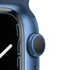 Close-up of blue Apple Watch Series 7 digital crown and edge with curved display, WiFi GPS Bluetooth model
