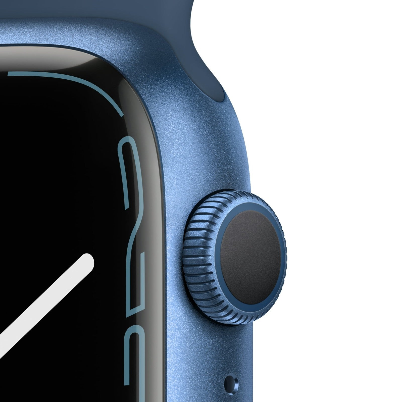Close-up of blue Apple Watch Series 7 digital crown and edge with curved display, WiFi GPS Bluetooth model