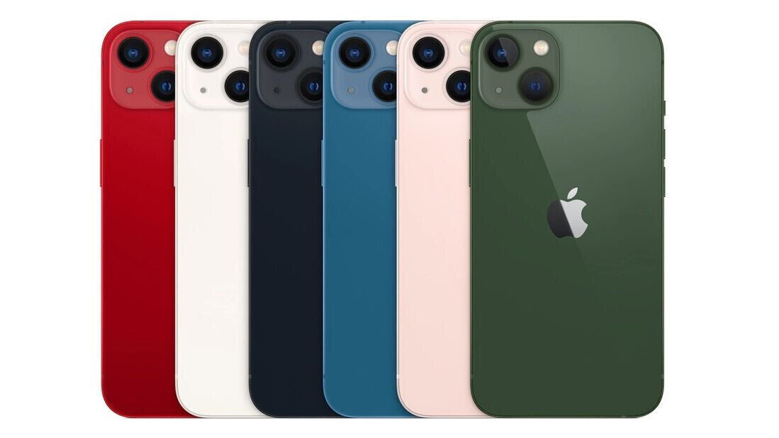 Apple iPhone 13 in multiple colors showing back view with dual cameras and Apple logo, excellent condition unlocked model