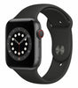 Apple Watch Series 6 in black with digital crown red accent, 40mm case and black silicone band, GPS + Cellular model unlocked