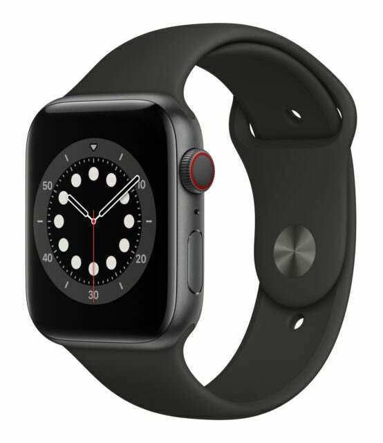 Apple Watch Series 6 in black with digital crown red accent, 40mm case and black silicone band, GPS + Cellular model unlocked
