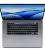 2019 Apple MacBook Pro 16-inch Space Gray open showing keyboard and screen with wave blue wallpaper