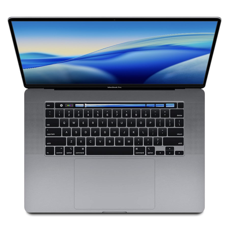 2019 Apple MacBook Pro 16-inch Space Gray open showing keyboard and screen with wave blue wallpaper