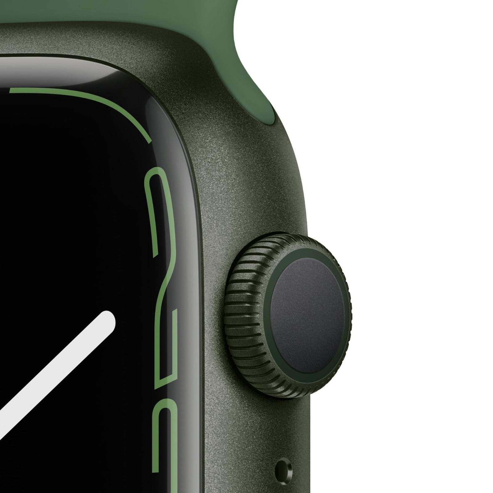 Close-up of Apple Watch Series 7 45mm in green showing digital crown and curved edge display, very good condition WiFi GPS Bluetooth