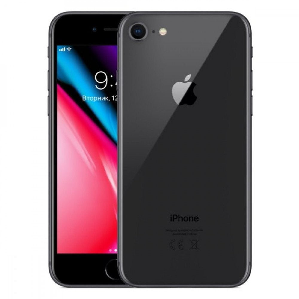 Apple iPhone 8 Plus smartphone in black showing front screen and back with single camera and Apple logo