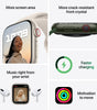 Apple Watch Series 7 in Starlight and Green showing large screen, crack-resistant crystal, music, fast charging, and activity rings