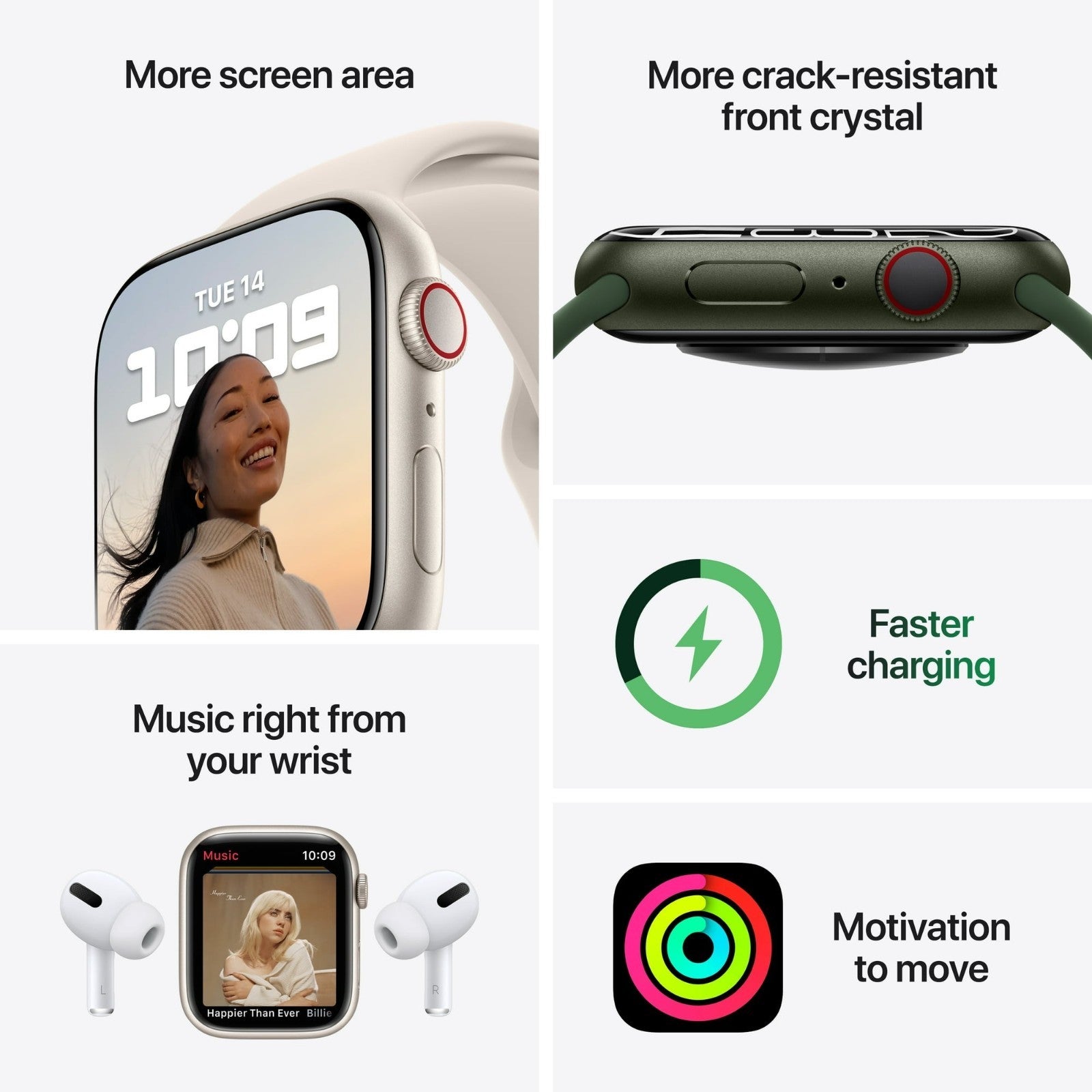Apple Watch Series 7 in Starlight and Green showing large screen, crack-resistant crystal, music, fast charging, and activity rings