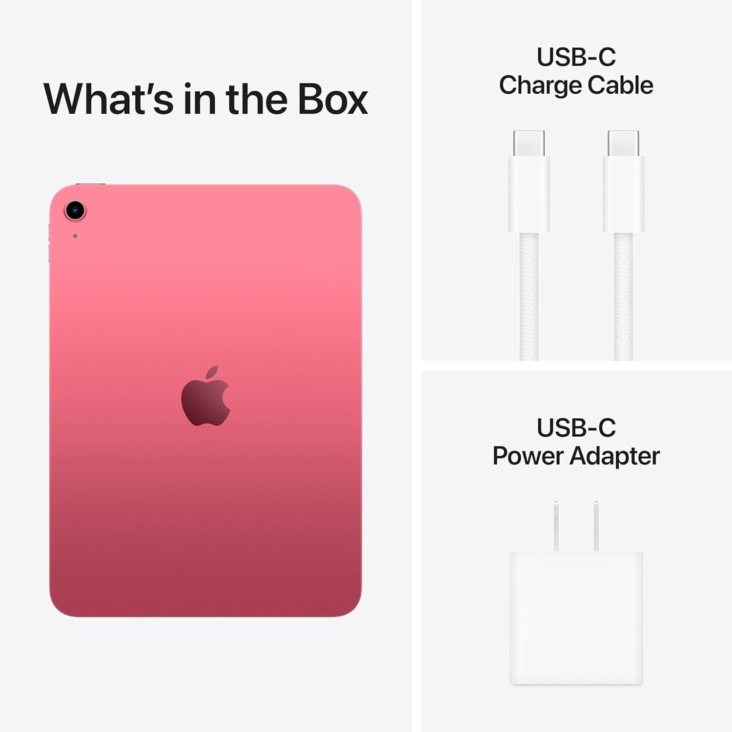 Pink Apple iPad 11-inch 11th Gen back view with USB-C charge cable and power adapter included in box