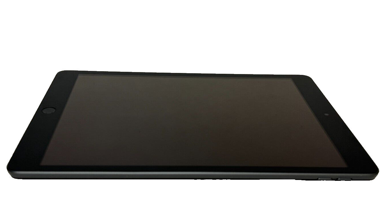 Apple iPad 9th Gen 10.2 inch in space gray with home button and black screen shown from front angle