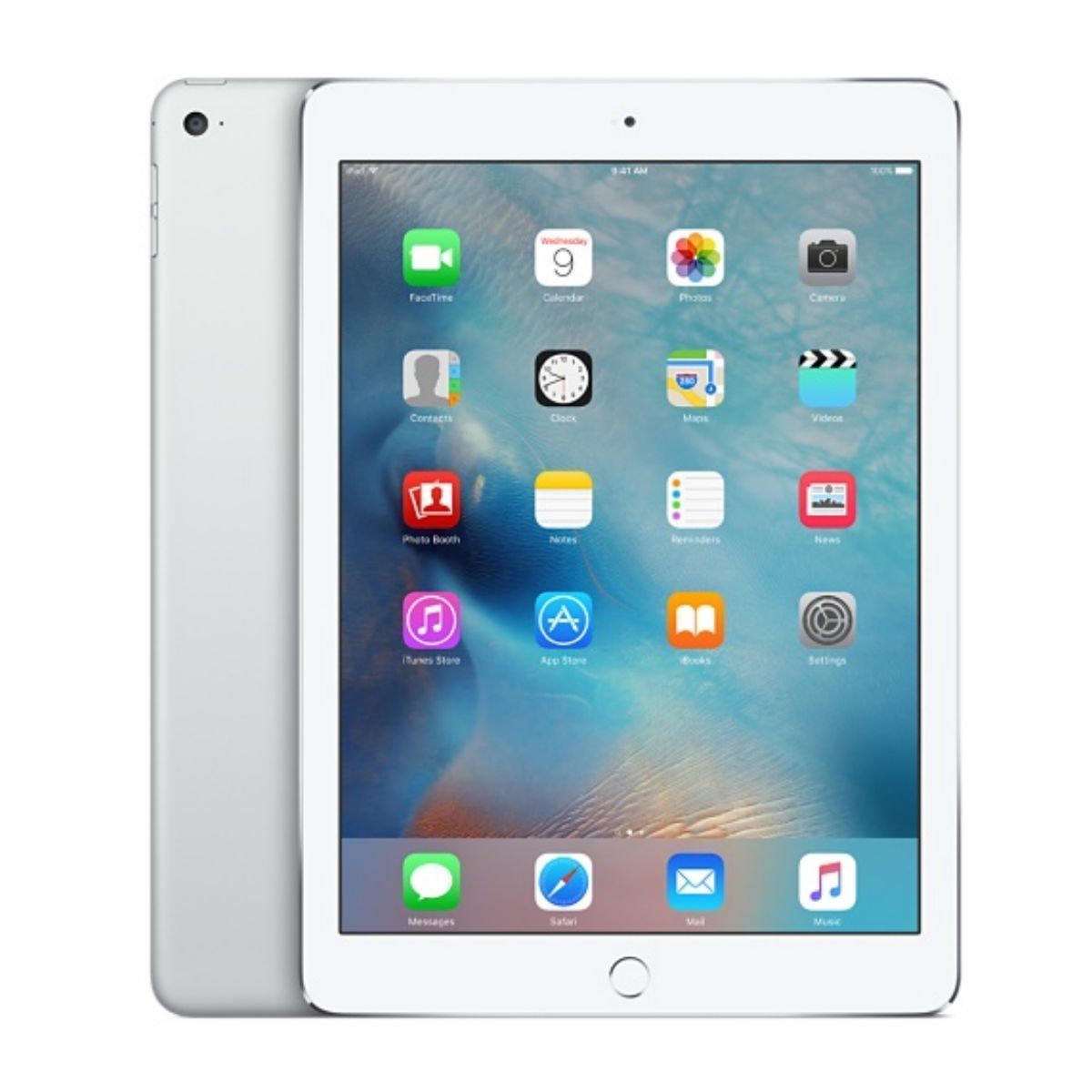 Apple iPad Air 2 9.7-inch tablet in silver showing front home screen and back with camera, Grade C condition