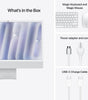 Apple iMac 24 with screen showing, Magic Keyboard, Magic Mouse, power adapter with cord, and USB-C charge cable on white background