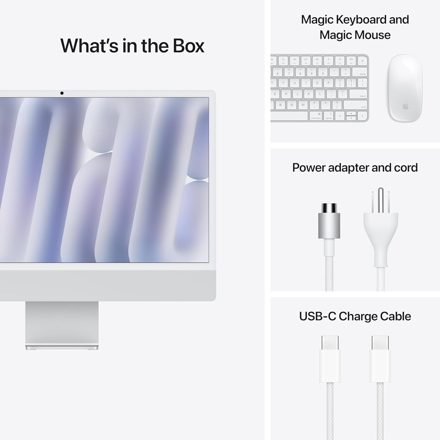 Apple iMac 24 with screen showing, Magic Keyboard, Magic Mouse, power adapter with cord, and USB-C charge cable on white background