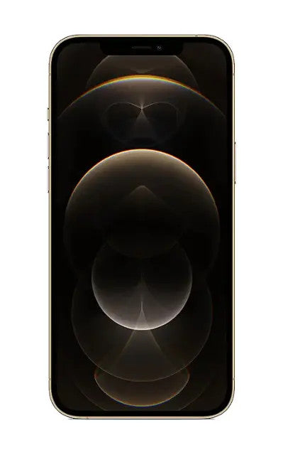 Apple iPhone 12 Pro in gold showing front display with abstract dark wallpaper, unlocked and in great condition