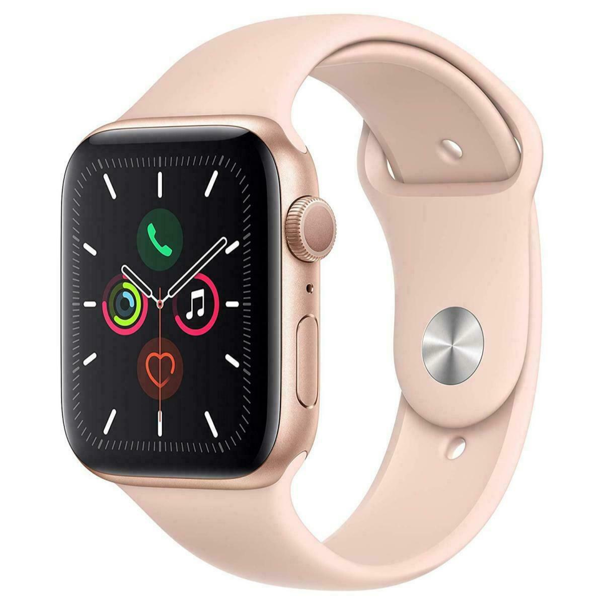 Apple Watch Series 5 40mm in pink gold with pink silicone band showing active screen and side button details