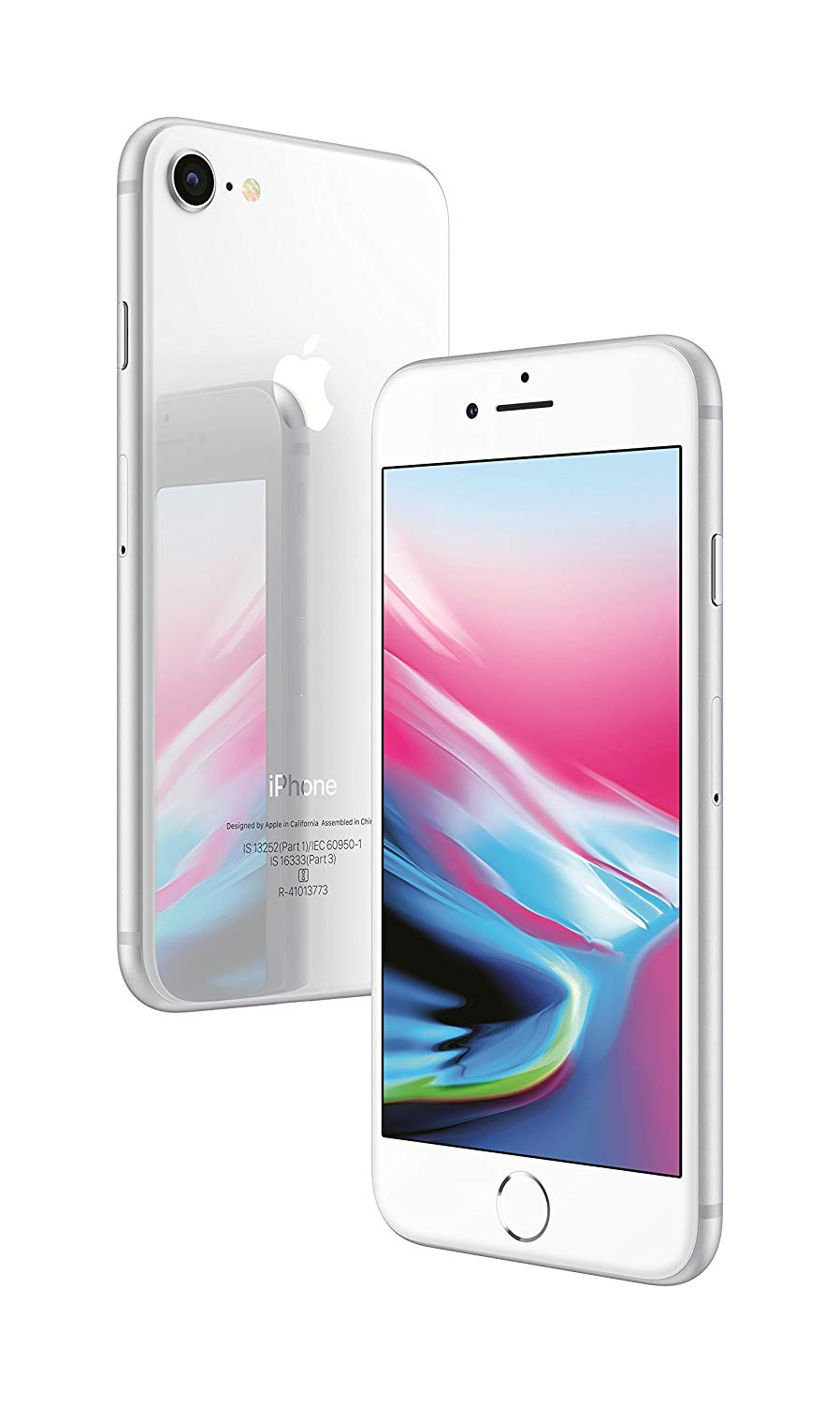Apple iPhone 8 Plus smartphone in silver with front and back view showing display and camera details