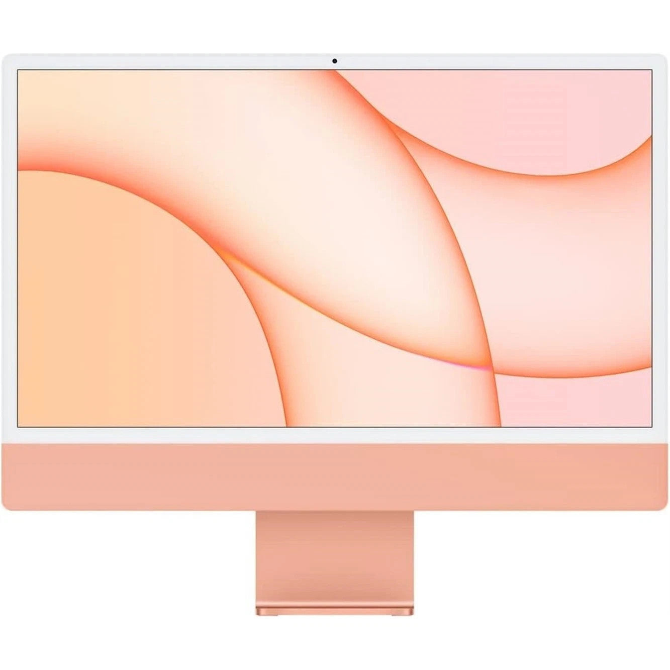 Apple iMac 2021 with 24-inch display and M1 chip in pink color showing abstract pastel wallpaper on screen