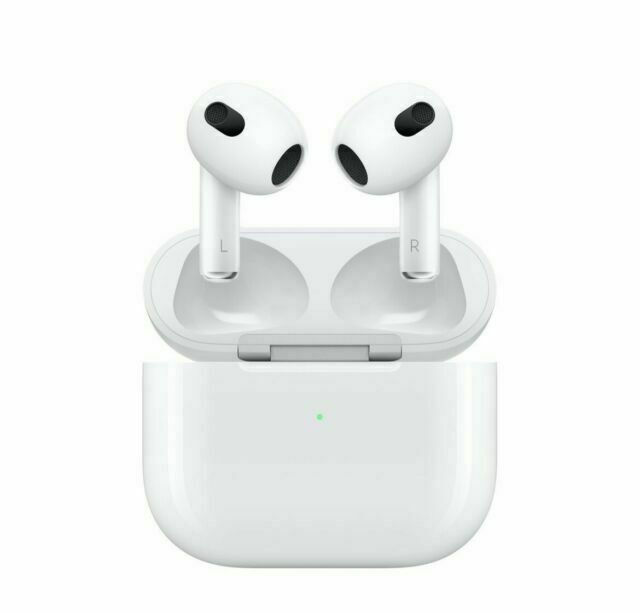 White Apple AirPods 3rd Generation wireless in-ear headset with open charging case, Bluetooth connectivity