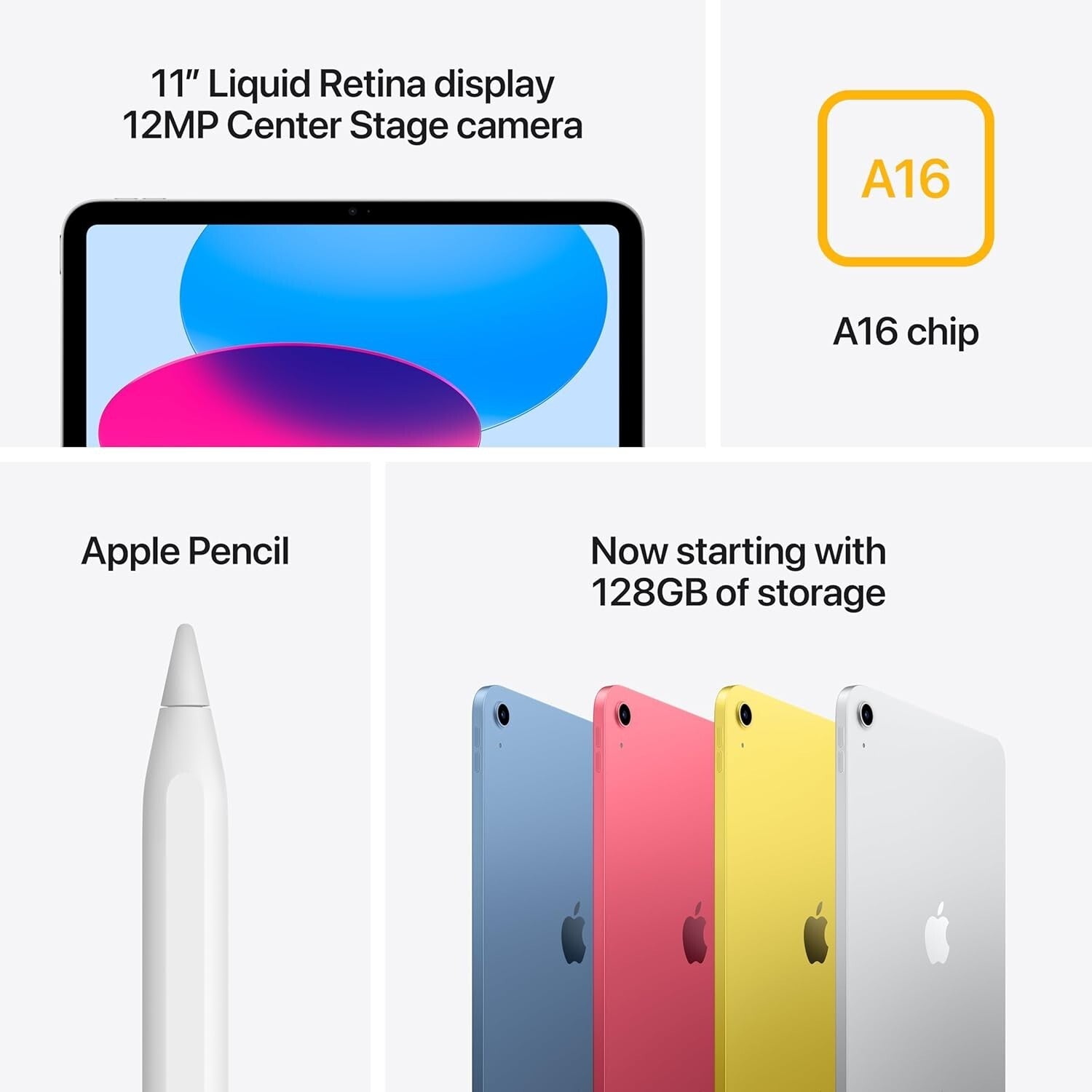 Apple iPad 11-inch 11th Gen with A16 chip, Liquid Retina display, 12MP camera, Apple Pencil, in blue, pink, yellow, and silver colors