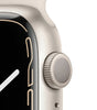 Close-up of Apple Watch Series 7 in Starlight showing digital crown and curved display edge with silicone band attachment