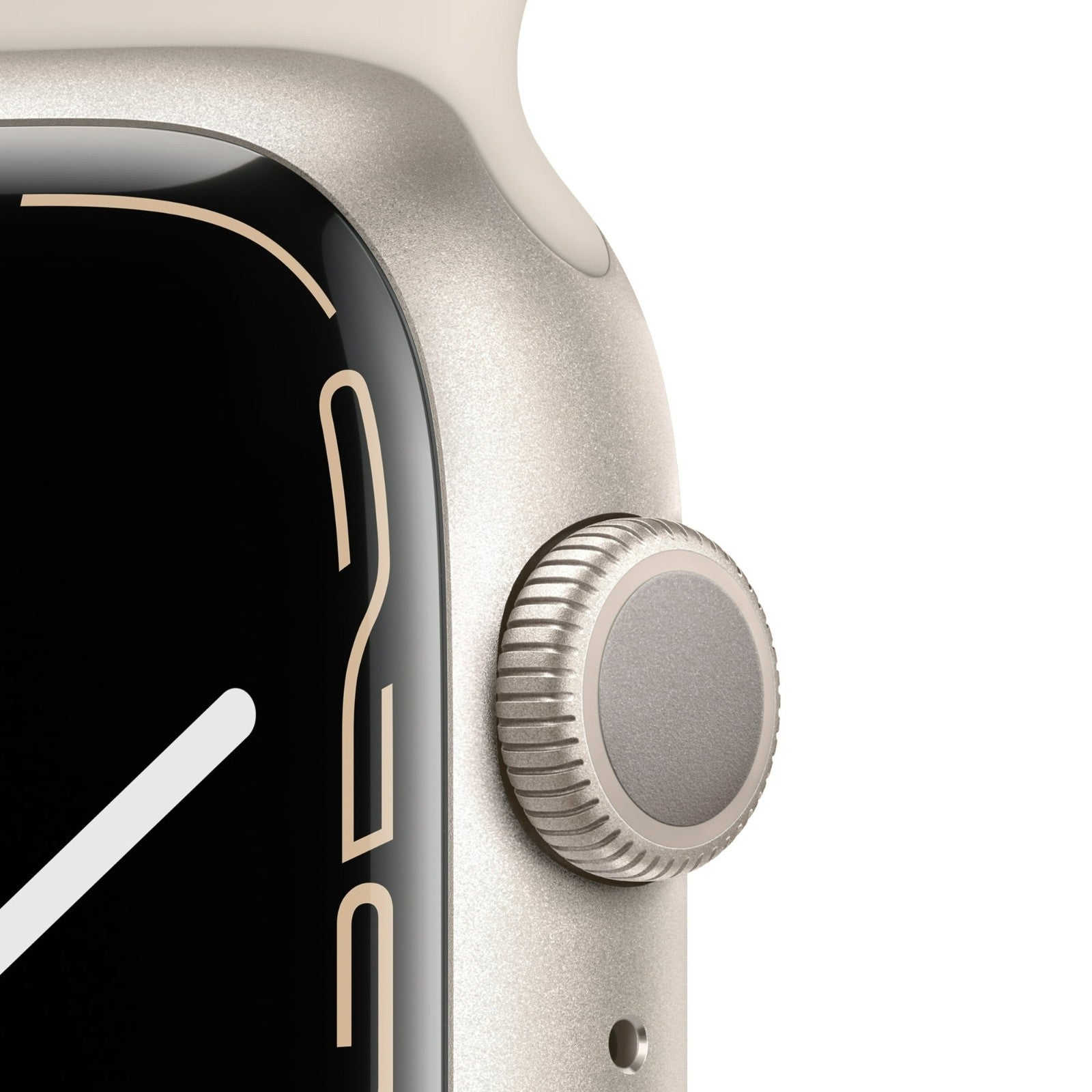 Close-up of Apple Watch Series 7 in Starlight showing digital crown and curved display edge with silicone band attachment