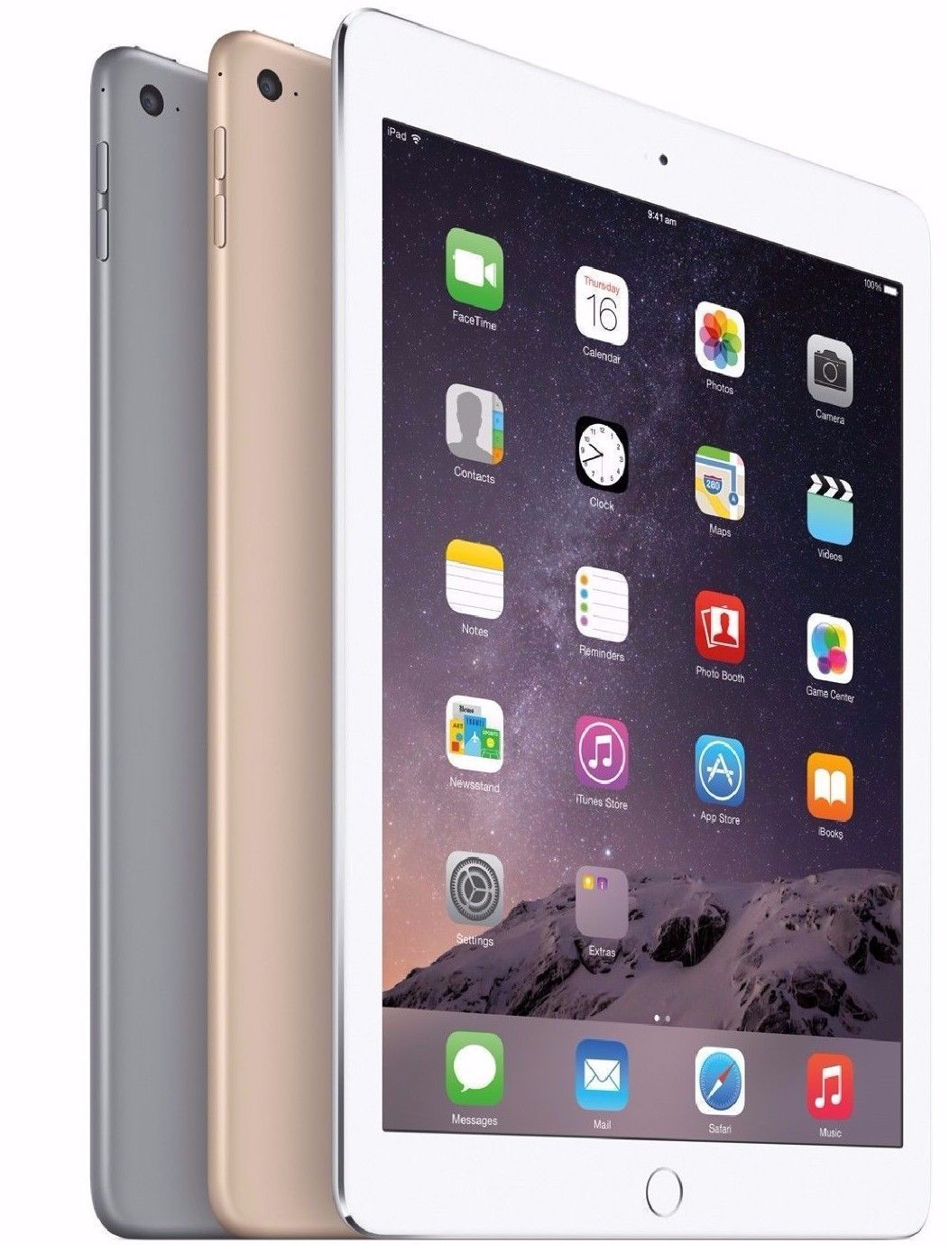 Apple iPad Air 2 9.7-inch tablets in silver, gold, and space gray showing front display and back camera options