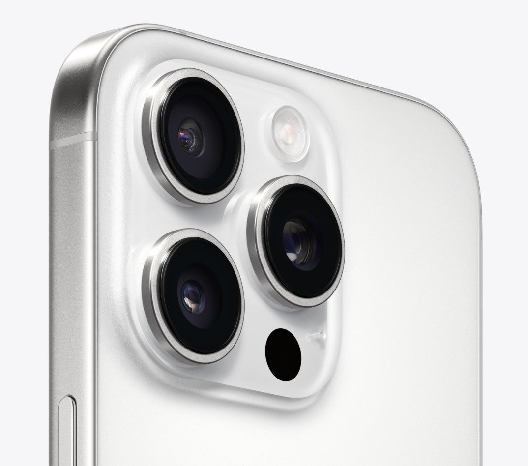 Silver Apple iPhone 16 Pro showing close-up of triple rear cameras and side buttons in good condition fully unlocked model