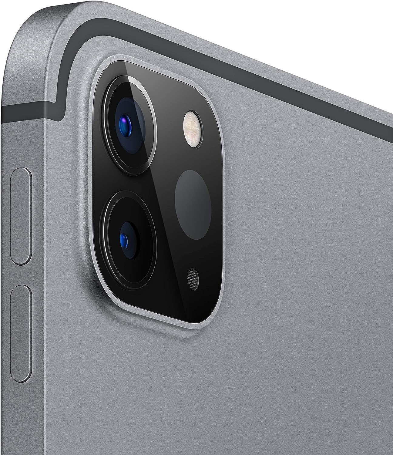 Close-up of Space Gray Apple iPad Pro 4th Gen 12.9-inch rear dual camera and side volume buttons in excellent condition