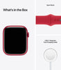 Red Apple Watch Series 7 45mm showing front face, sport band, and USB-C magnetic fast charging cable in box contents