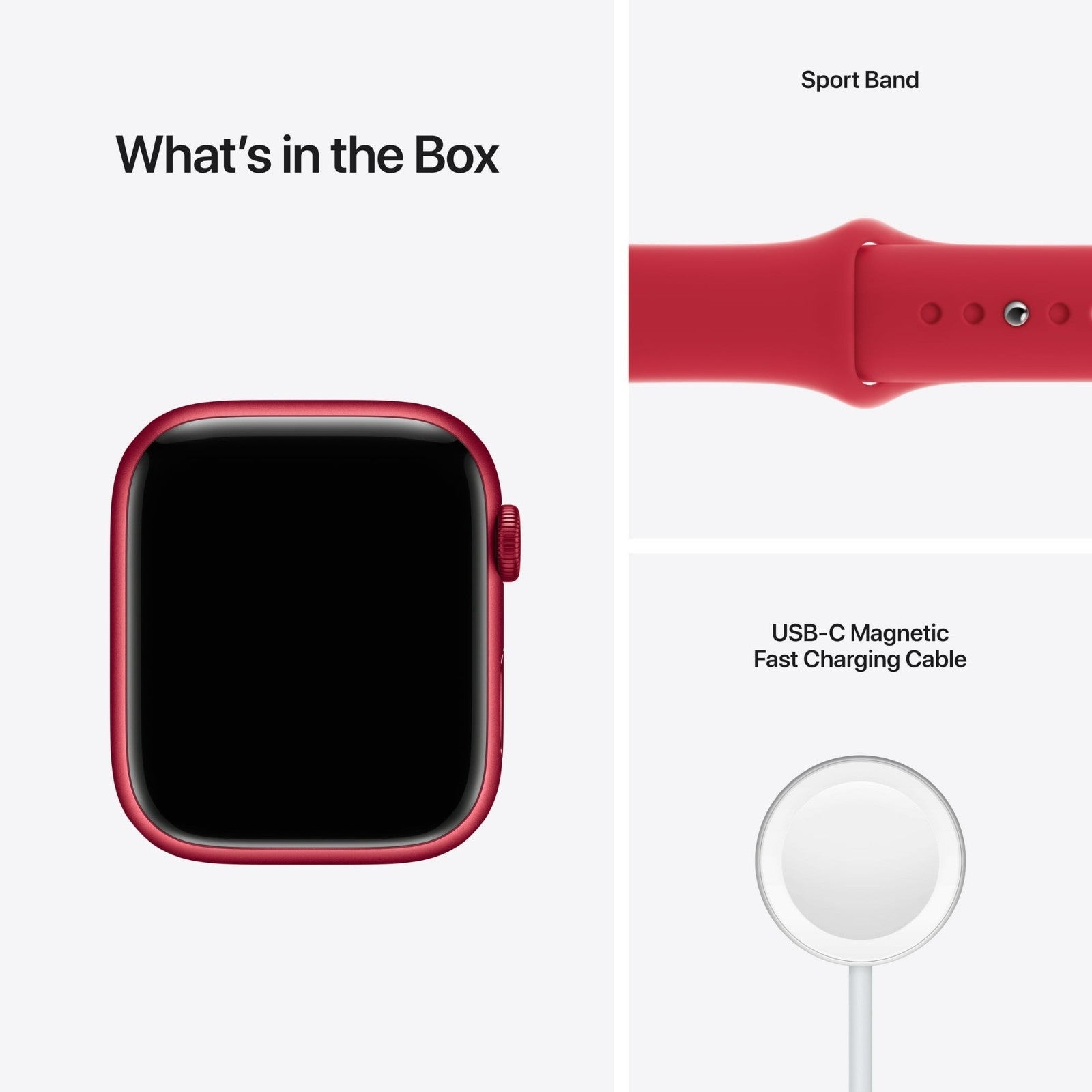Red Apple Watch Series 7 45mm showing front face, sport band, and USB-C magnetic fast charging cable in box contents