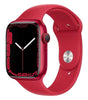 Red Apple Watch Series 7 with 45mm case and silicone band showing side button and curved edge display