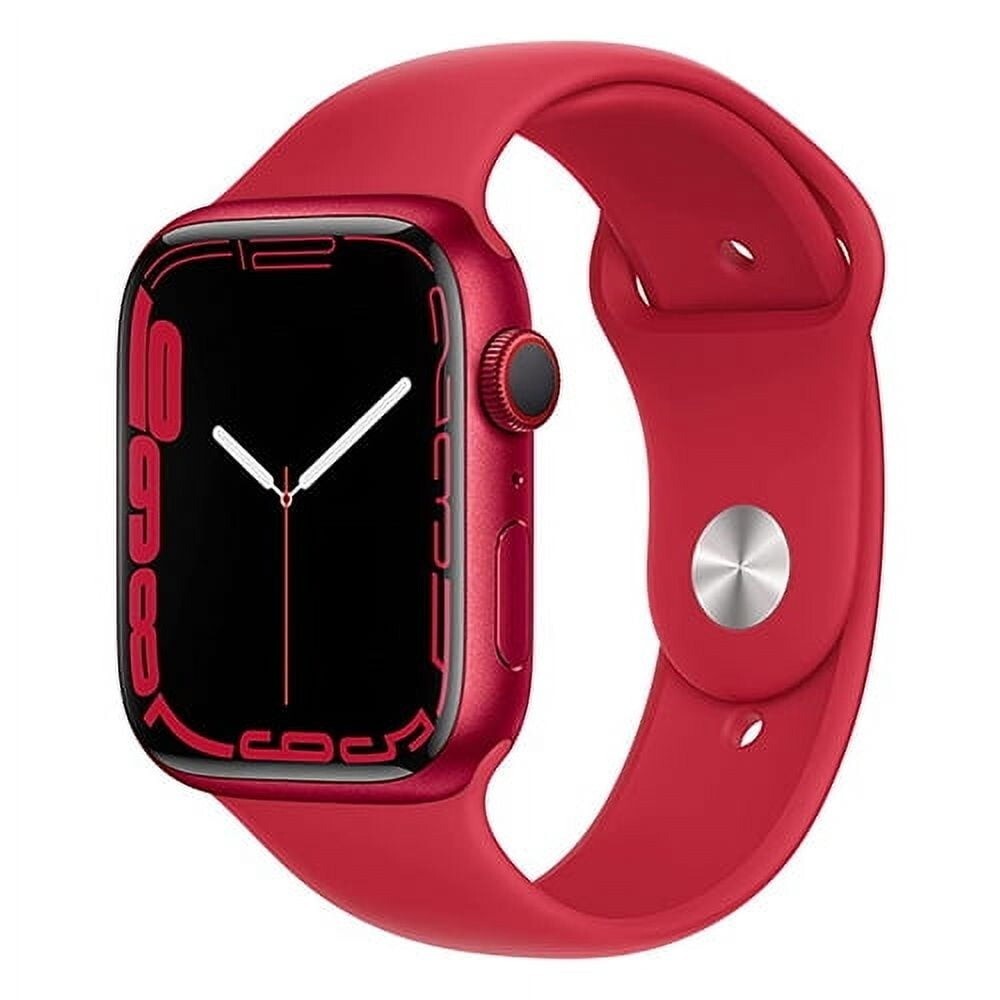 Red Apple Watch Series 7 with 45mm case and silicone band showing side button and curved edge display