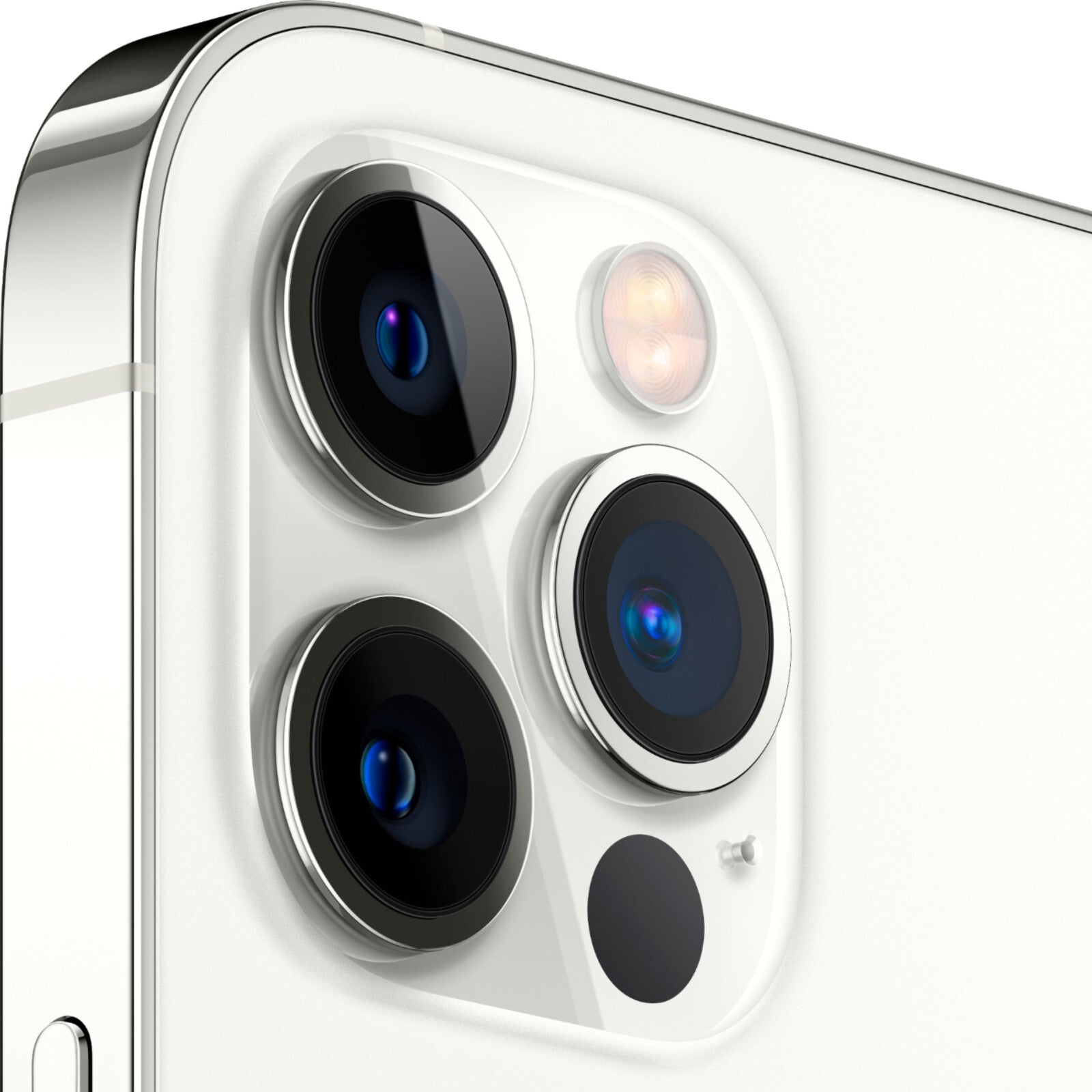 Close-up of Apple iPhone 12 Pro white rear triple camera system with flash and LiDAR scanner in excellent condition