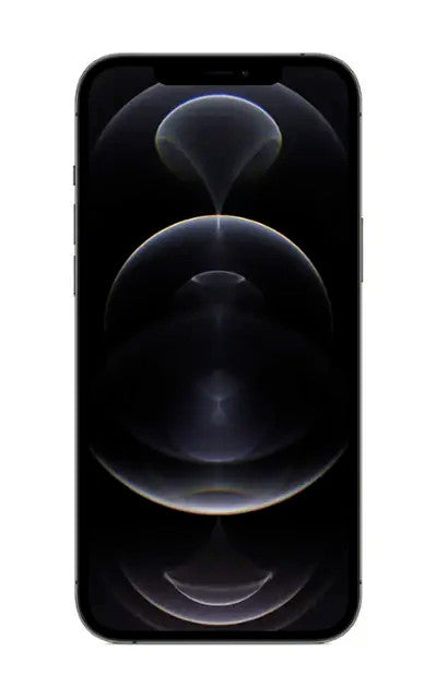 Apple iPhone 12 Pro in black front view showing 6.1-inch display with dark abstract wallpaper, unlocked model in great condition