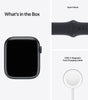 Apple Watch Series 7 in black showing front, black sport band, and USB-C magnetic fast charging cable included in box