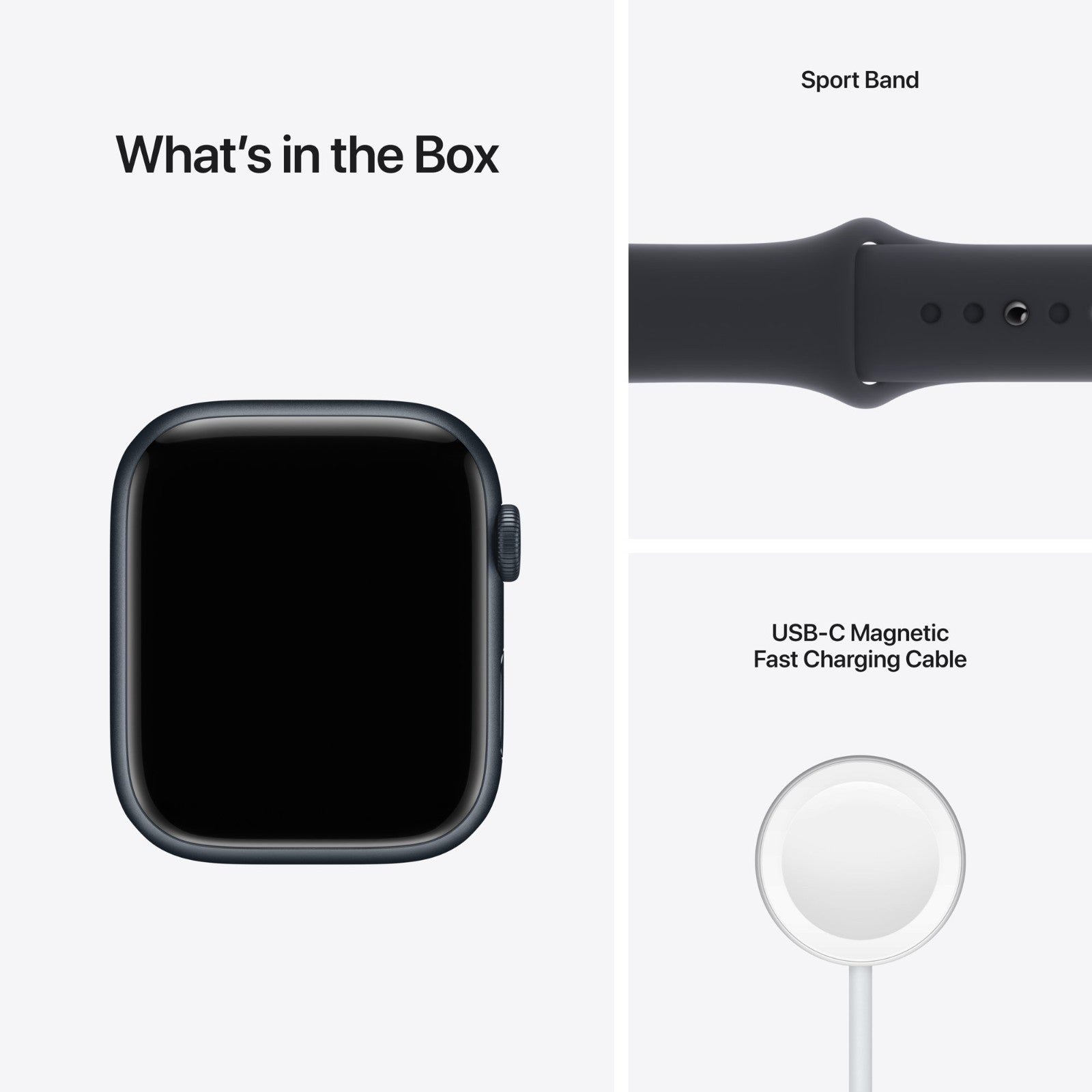 Apple Watch Series 7 in black showing front, black sport band, and USB-C magnetic fast charging cable included in box