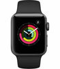 Apple Watch Series 3 with 38mm black case and black silicone band showing activity rings on screen