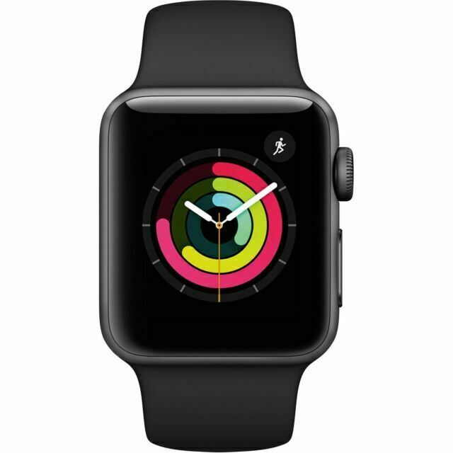 Apple Watch Series 3 with 38mm black case and black silicone band showing activity rings on screen