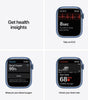 Apple Watch Series 7 blue case displaying ECG, blood oxygen level, and heart rate monitoring on screen