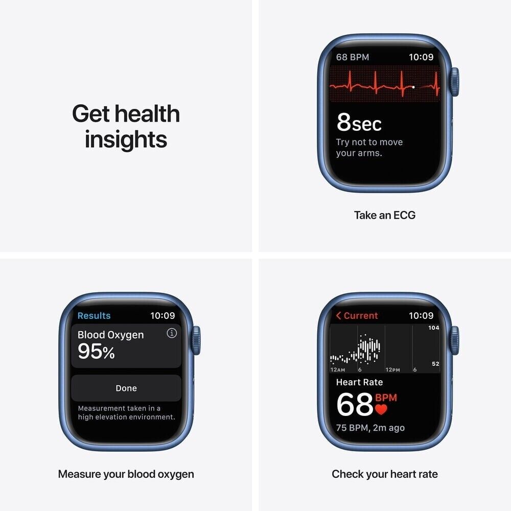 Apple Watch Series 7 blue case displaying ECG, blood oxygen level, and heart rate monitoring on screen