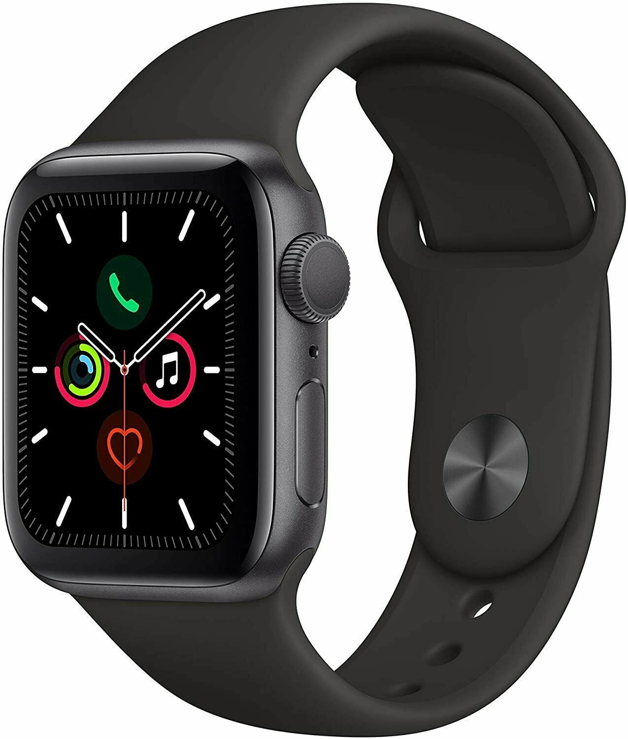 Apple Watch Series 5 Space Gray 44mm with black silicone band showing active display and side buttons