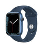 Apple Watch Series 7 41mm blue silicone band showing side button and digital crown with black screen display