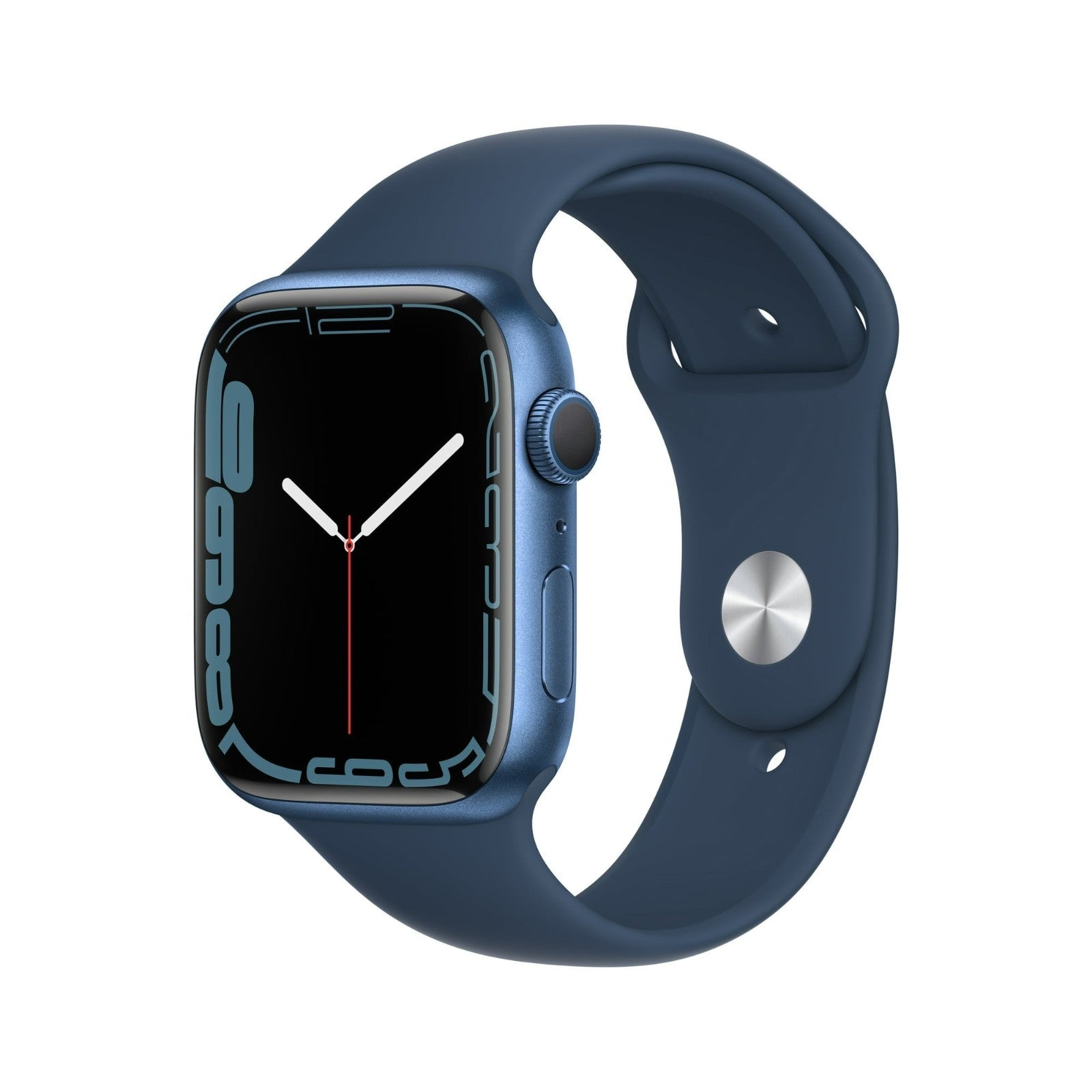 Apple Watch Series 7 41mm blue silicone band showing side button and digital crown with black screen display
